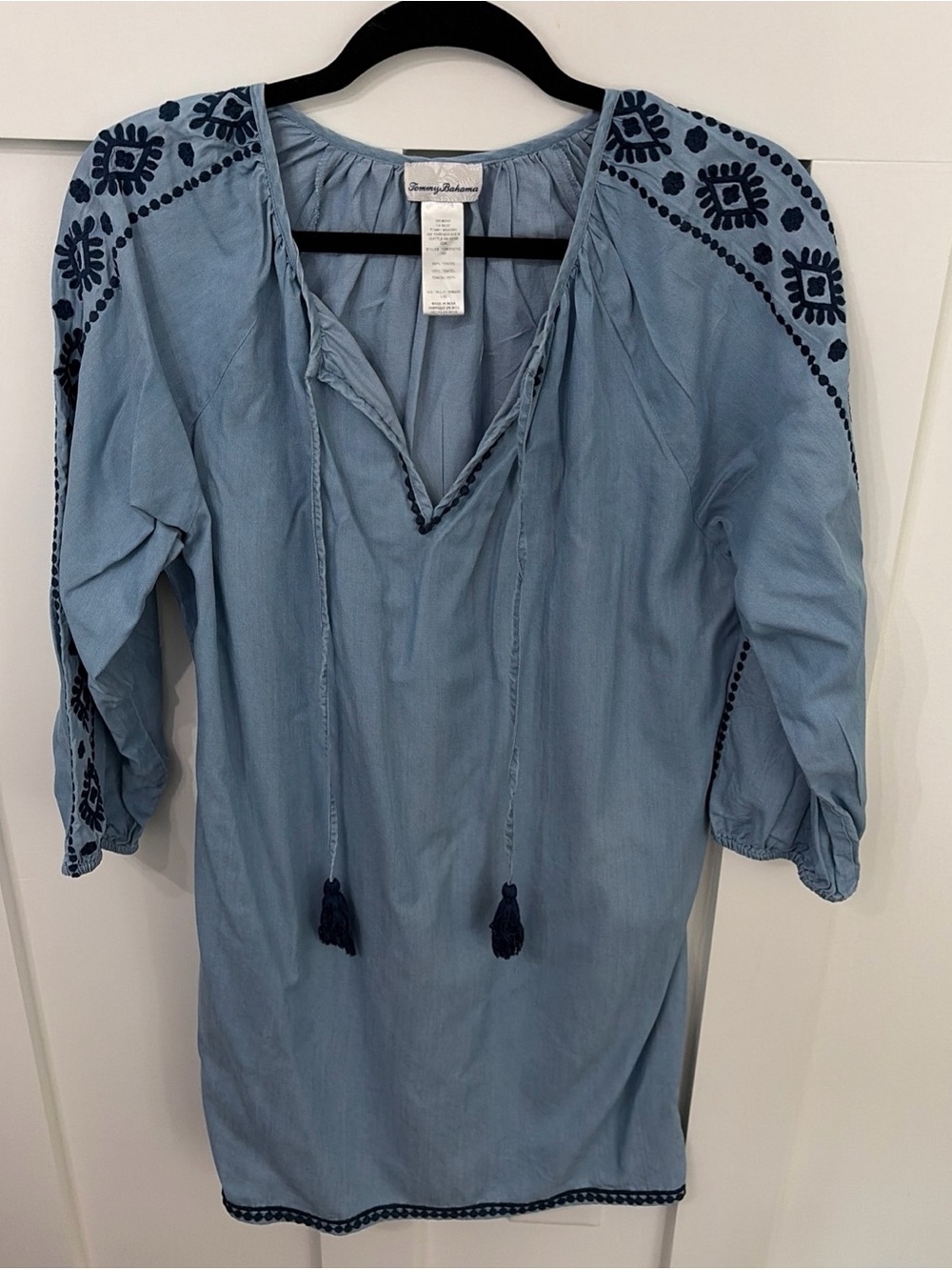 Tommy Bahama Light Blue Embroidered Peasant chambray dress